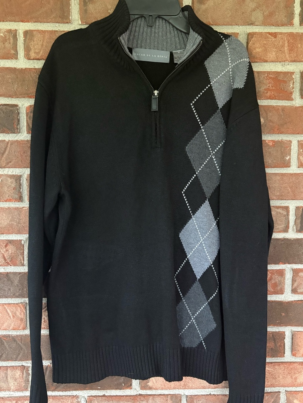 Oscar de la Renta Black Sweater with Gray Argyle Quarter-Zip